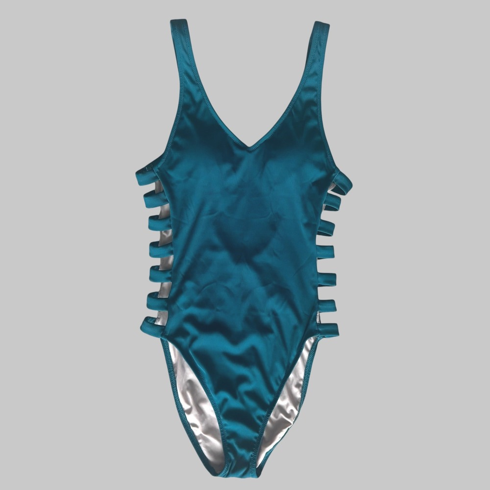 Shade & Shore Womens Teal Blue Ribbed Side Cutout One Piece Swimsuit Size S